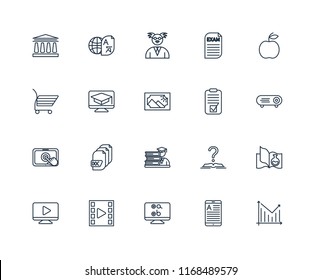 Set Of 20 linear icons such as Statistics, Ereader, Test, Video player, Apple, Student, Touchscreen, Learning, Professor, editable stroke vector icon pack