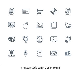Set Of 20 linear icons such as Student, Image, Notes, Lecture, Professor, Xls, Tablet, Ebook, Translator, Apple, Shopping cart, editable stroke vector icon pack