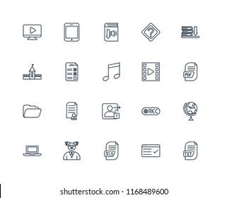 Set Of 20 linear icons such as Txt, Test, Xls, Professor, Laptop, Ebook, Video player, Login, Folder, Audiobook, editable stroke vector icon pack