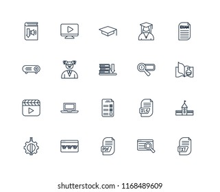 Set Of 20 linear icons such as Txt, Search, Pdf, Browser, De, Exam, Search engine, Test, Video player, Professor, Mortarboard, editable stroke vector icon pack