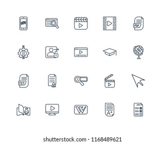 Set Of 20 linear icons such as Test, Homework, Wikipedia, Video player, Science book, Pdf, Mortarboard, Search engine, Txt, Login, editable stroke vector icon pack