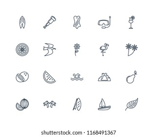 Set Of 20 linear icons such as Leaf, Sail, Surfboard, Palm tree, Watermelon, Cocktail, Flamingo, Swimming, Coconut, Albatross, Swimsuit, editable stroke vector icon pack
