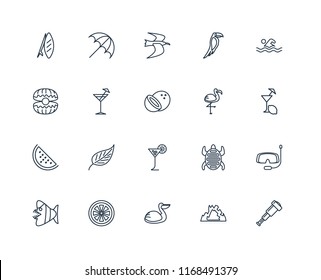 Set Of 20 linear icons such as Spyglass, Cave, Pelican, Grapefruit, Fish, Swimming, Flamingo, Tropical drink, Watermelon, Cocktail, Albatross, editable stroke vector icon pack