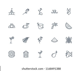 Set Of 20 linear icons such as Fish, Pear, Cocktail, Cabin, Oyster, Swimsuit, Palm tree, Flamingo, Tropical drink, Pelican, Lemon juice, editable stroke vector icon pack