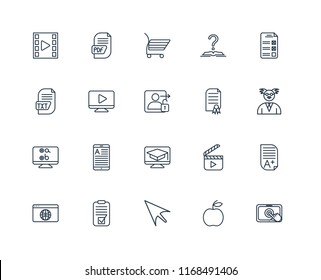 Set Of 20 linear icons such as Touchscreen, Apple, Mouse, Test, Browser, Certificate, Learning, Video player, Shopping cart, editable stroke vector icon pack