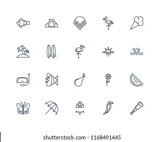 Set Of 20 linear icons such as Spyglass, Toucan, Bikini, Sun umbrella, Butterfly, Ice cream, Sunset, Pear, Snorkel, Surfboard, Flower necklace, editable stroke vector icon pack