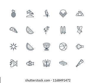 Set Of 20 linear icons such as Spyglass, Mattress, Butterfly, Fish, Cave, Surfboard, Drum, Sun, Watermelon, Parrot, editable stroke vector icon pack