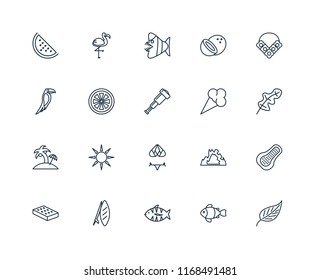 Set Of 20 linear icons such as Leaf, Clown fish, Fish, Surfboard, Mattress, Flower necklace, Ice cream, Bikini, Island, Grapefruit, editable stroke vector icon pack