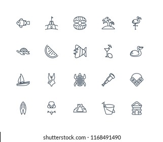 Set Of 20 linear icons such as Cabin, Sand bucket, Cave, Bikini, Surfboard, Flamingo, Lemon juice, Tortoise, Sail, Watermelon, Oyster, editable stroke vector icon pack