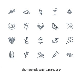 Set Of 20 linear icons such as Mattress, Spyglass, Island, Flamingo, Surfboard, Sunset, Watermelon, Bikini, Yucca, Swimsuit, Parrot, editable stroke vector icon pack