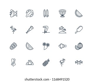 Set Of 20 linear icons such as Palm tree, Flamingo, Pineapple, Cave, Swimsuit, Watermelon, Island, Flower, Durian, Spyglass, Surfboard, editable stroke vector icon pack