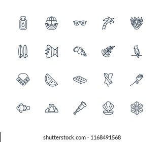 Set Of 20 linear icons such as Hibiscus, Conch shell, Spyglass, Cave, Clown fish, Yucca, Leaf, Mattress, Flower necklace, Fish, Sunglasses, editable stroke vector icon pack