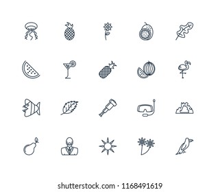 Set Of 20 linear icons such as Parrot, Flower, Sun, Man, Pear, Leaf, Watermelon, Spyglass, Fish, Tropical drink, editable stroke vector icon pack