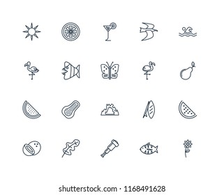 Set Of 20 linear icons such as Flower, Fish, Spyglass, Leaf, Coconut, Swimming, Flamingo, Cave, Watermelon, Tropical drink, editable stroke vector icon pack