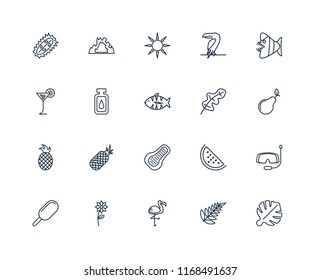 Set Of 20 linear icons such as Leaf monstera, Leaf, Flamingo, Flower, Ice cream, Fish, Papaya, Pineapple, Oil, Sun, editable stroke vector icon pack