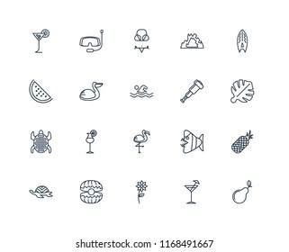 Set Of 20 linear icons such as Pear, Cocktail, Flower, Oyster, Tortoise, Surfboard, Spyglass, Flamingo, Pelican, Bikini, editable stroke vector icon pack