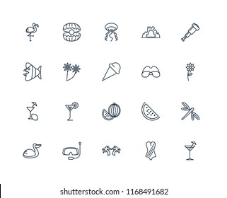Set Of 20 linear icons such as Cocktail, Swimsuit, Palm tree, Snorkel, Pelican, Spyglass, Sunglasses, Watermelon, Lemon juice, Flower, Jellyfish, editable stroke vector icon pack