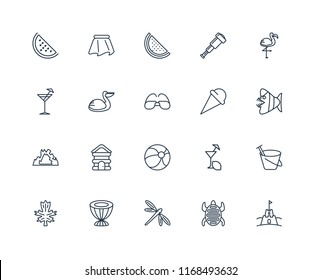 Set Of 20 linear icons such as Sand castle, Tortoise, Dragon fly, Drum, Leaf, Flamingo, Ice cream, Beach ball, Cave, Pelican, Watermelon, editable stroke vector icon pack