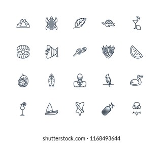 Set Of 20 linear icons such as Bikini, Pineapple, Swimsuit, Sail, Cocktail, Lemon juice, Yucca, Man, Passion fruit, Fish, Leaf, editable stroke vector icon pack