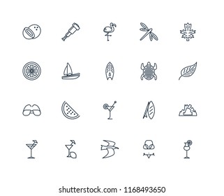Set Of 20 linear icons such as Cocktail, Bikini, Albatross, Lemon juice, Leaf, Tortoise, Sunglasses, Sail, Flamingo, editable stroke vector icon pack