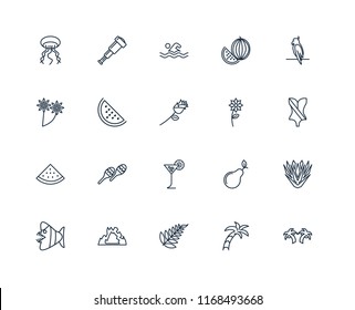 Set Of 20 linear icons such as Palm tree, Leaf, Cave, Fish, Parrot, Flower, Tropical drink, Watermelon, Swimming, editable stroke vector icon pack