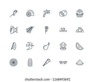 Set Of 20 linear icons such as Watermelon, Sunglasses, Spyglass, Oil, Grapefruit, Hammocks, Swimming, Pear, Surfboard, Leaf, Palm tree, editable stroke vector icon pack