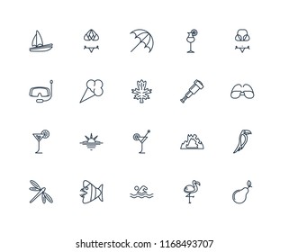 Set Of 20 linear icons such as Pear, Flamingo, Swimming, Fish, Dragon fly, Bikini, Spyglass, Cocktail, Tropical drink, Ice cream, Sun umbrella, editable stroke vector icon pack
