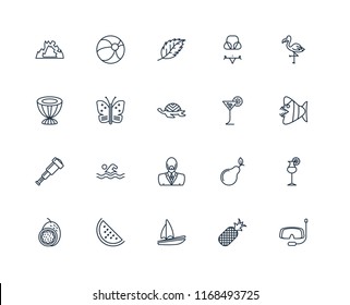 Set Of 20 linear icons such as Snorkel, Pineapple, Sail, Watermelon, Passion fruit, Flamingo, Tropical drink, Man, Spyglass, Butterfly, Leaf, editable stroke vector icon pack