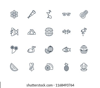 Set Of 20 linear icons such as Conch shell, Pineapple, Lime, Swimsuit, Watermelon, Papaya, Palm tree, Flower, Cave, Lemon juice, editable stroke vector icon pack