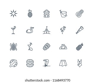 Set Of 20 linear icons such as Swimsuit, Skirt, Toucan, Oyster, Leaf monstera, Papaya, Flamingo, Durian, Tortoise, Pelican, Cabin, editable stroke vector icon pack
