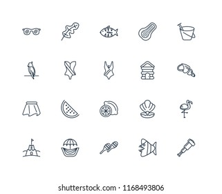 Set Of 20 linear icons such as Spyglass, Fish, Maracas, Hammocks, Sand castle, bucket, Cabin, Lime, Skirt, Swimsuit, editable stroke vector icon pack