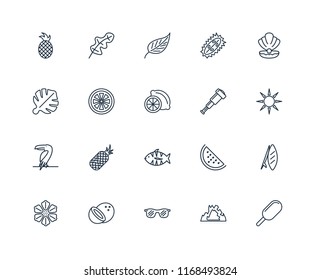 Set Of 20 linear icons such as Ice cream, Cave, Sunglasses, Coconut, Hibiscus, Conch shell, Spyglass, Fish, Toucan, Grapefruit, Leaf, editable stroke vector icon pack