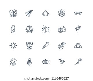 Set Of 20 linear icons such as Flower, Flamingo, Fish, Pineapple, Conch shell, Sunglasses, Lime, Spyglass, Sun, Hammocks, Watermelon, editable stroke vector icon pack