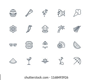 Set Of 20 linear icons such as Sun umbrella, Lemon juice, Sunset, Cocktail, Watermelon, Ice cream, Palm tree, Bikini, Sunglasses, Toucan, Flamingo, editable stroke vector icon pack