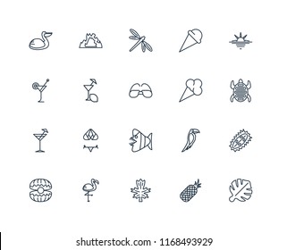 Set Of 20 linear icons such as Leaf monstera, Pineapple, Leaf, Flamingo, Oyster, Sunset, Ice cream, Fish, Cocktail, Lemon juice, Dragon fly, editable stroke vector icon pack