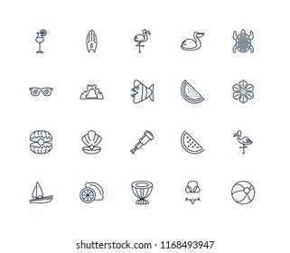 Set Of 20 linear icons such as Beach ball, Bikini, Drum, Lime, Sail, Tortoise, Watermelon, Spyglass, Oyster, Cave, Flamingo, editable stroke vector icon pack