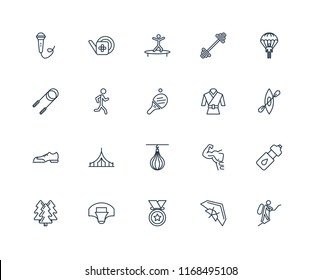 Set Of 20 linear icons such as Mountaineering, Hang glider, Medal, Basketball, Forest, Parachuting, Martial art, Punching bag, Shoes, Jogging, Jumping, editable stroke vector icon pack