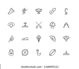 Set Of 20 linear icons such as Camping, Rugby ball, Singing, Compass, Workout, Yoga, Martial art, Parachuting, Table tennis, Jumping, Cup, editable stroke vector icon pack