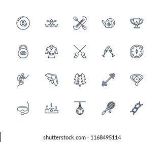 Set Of 20 linear icons such as Climb, Tennis racket, Punching bag, Pedestal, Snorkel, Cup, Hang out, Forest, Mountaineering, Martial art, Canoe, editable stroke vector icon pack