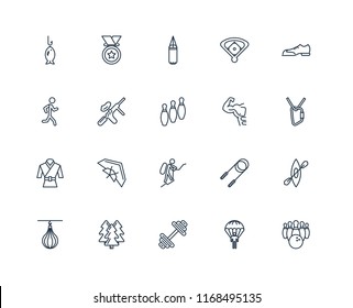 Set Of 20 linear icons such as Bowling, Parachuting, Dumbbell, Forest, Punching bag, Shoes, Gym, Mountaineering, Martial art, Paintball, Boxing, editable stroke vector icon pack