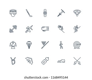 Set Of 20 linear icons such as Fencing, Shoes, Water bottle, Hang glider, Climbing, Baseball field, Downhill, Billiard, Martial art, Paintball, Smartwatch, editable stroke vector icon pack