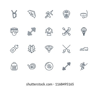 Set Of 20 linear icons such as Mountaineering, Workout, Billiard, Gardening, Backpack, Snorkel, Canoe, Baseball field, Water bottle, Dumbbell, Paintball, editable stroke vector icon pack