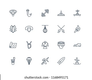 Set Of 20 linear icons such as Snowboarding, Surfboard, Paintball, Parachuting, Beer pong, Jumping, Fencing, Martial art, Yoga mat, Basketball, Dumbbell, editable stroke vector icon pack