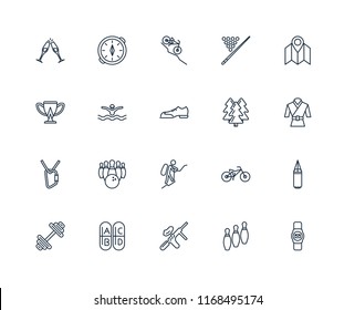 Set Of 20 linear icons such as Smartwatch, Bowling, Paintball, Vitamin, Dumbbell, Map, Forest, Mountaineering, Climbing, Swimming, Downhill, editable stroke vector icon pack