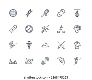Set Of 20 linear icons such as Mountaineering, Hang glider, Dumbbell, Yoga mat, Pedestal, Punching bag, Parkour, Mountain, Hiking, Compass, Tennis racket, editable stroke vector icon pack