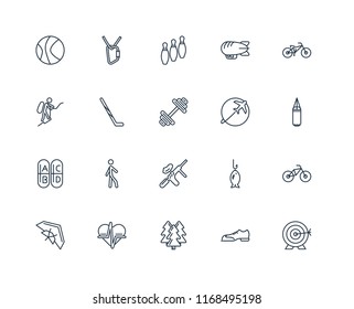 Set Of 20 linear icons such as Archery, Shoes, Forest, Heart rate, Hang glider, Biking, Travelling, Paintball, Vitamin, Hockey stick, Bowling, editable stroke vector icon pack