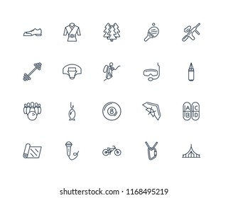 Set Of 20 linear icons such as Camping, Climbing, Biking, Singing, Yoga mat, Paintball, Snorkel, Billiard, Bowling, Basketball, Forest, editable stroke vector icon pack