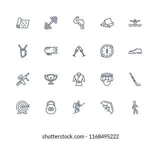 Set Of 20 linear icons such as Walking, Hang glider, Mountaineering, Workout, Archery, Swimming, Compass, Martial art, Paintball, Airship, Gym, editable stroke vector icon pack