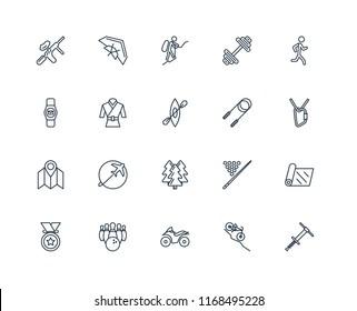 Set Of 20 linear icons such as Pogo stick, Downhill, Motorcycle, Bowling, Medal, Jogging, Jump rope, Forest, Map, Martial art, Mountaineering, editable stroke vector icon pack