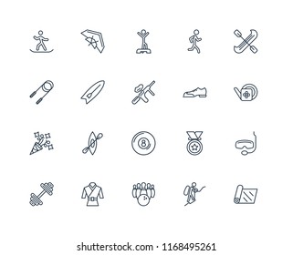 Set Of 20 linear icons such as Yoga mat, Mountaineering, Bowling, Martial art, Dumbbell, Canoe, Shoes, Billiard, Party, Surfboard, Warming up, editable stroke vector icon pack